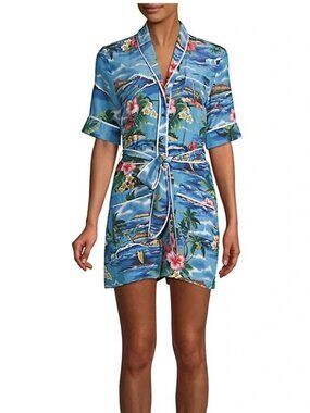 Le Superbe Pacific Ocean Silk Romper XS Blue Tropical Belted NWT
